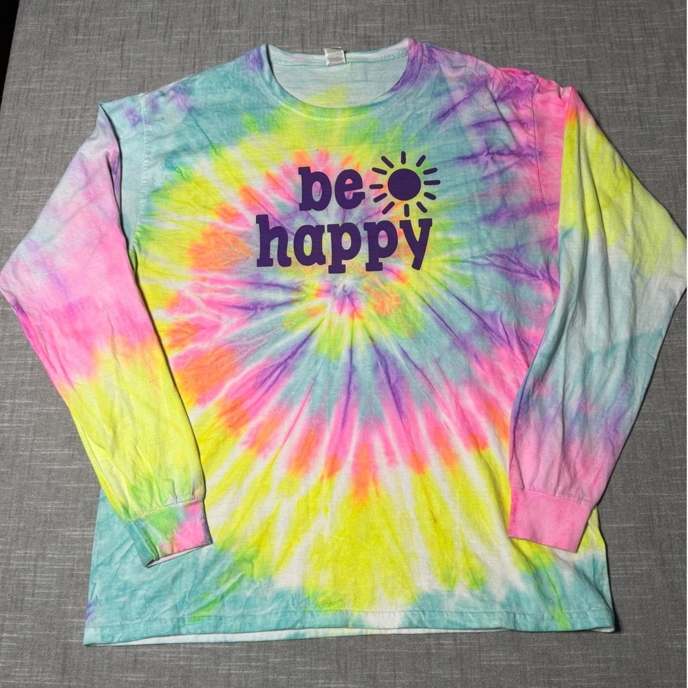 Fruit of the Loom Be Happy Tie Dye Long Sleeve T-Shirt Rainbow Sun Graphic Large